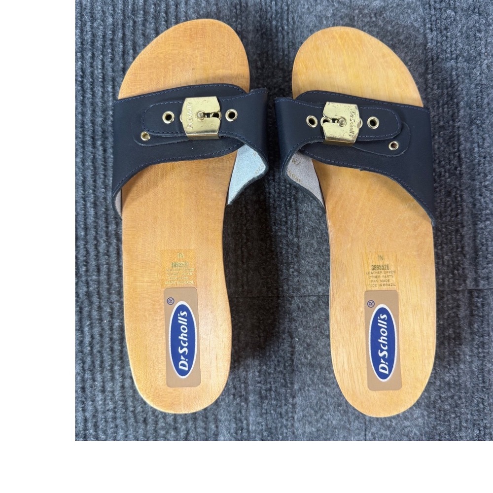 New Dr. Scholls Original Adjustable Navy Blue Leather Wood Slide Sandals 7M